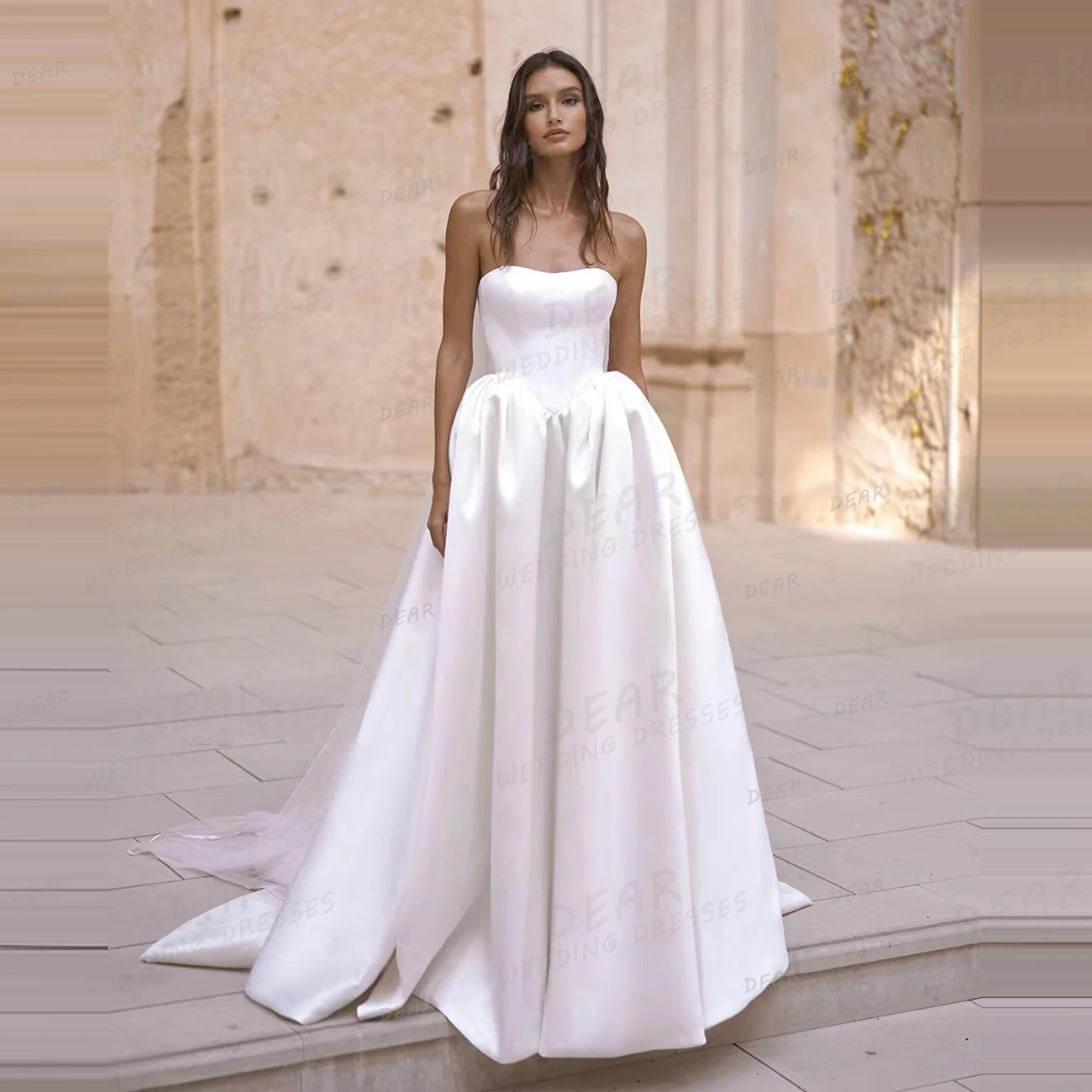 Semplici abiti da sposa senza spalline 2024 da donna A Line Sexy senza maniche Backless abiti da ballo da sposa eleganti abiti formali in raso