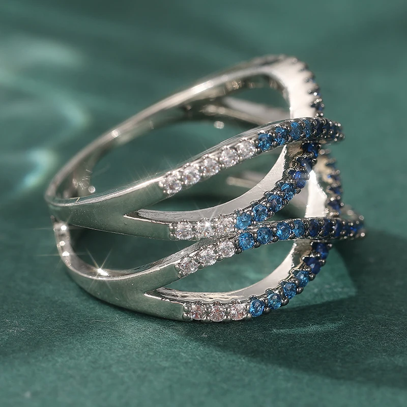 Schillernder Eingelegter Weiß-Blauer CZ Damenring Eleganter Silberfarbener Geometrischer Hohler Alltags- und Partyschmuck Jubiläumsgeschenk – Detail 3