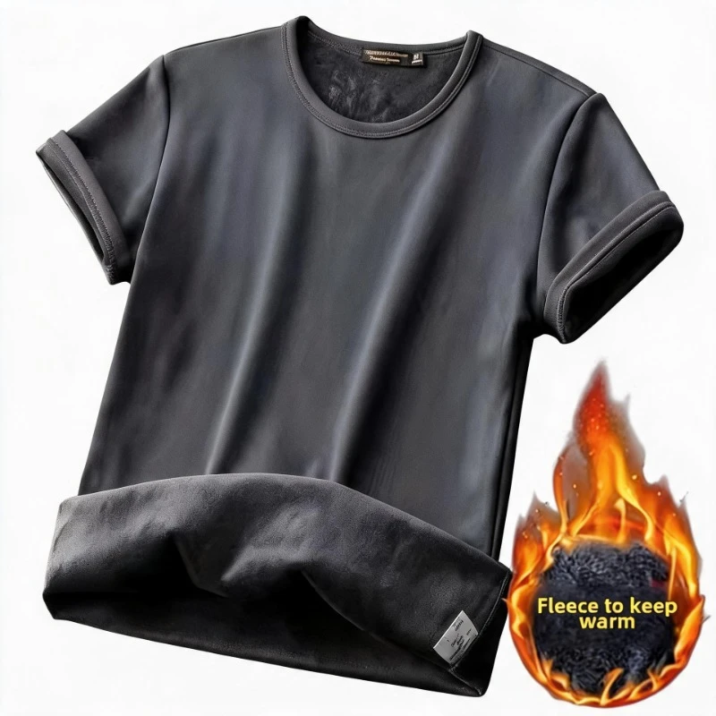 2026 Winter Men's Velvet Short Sleeve T-shirt Base Shirt Autumn Warm Underwear Half Sleeve Top Thermal Short Sleeve Men