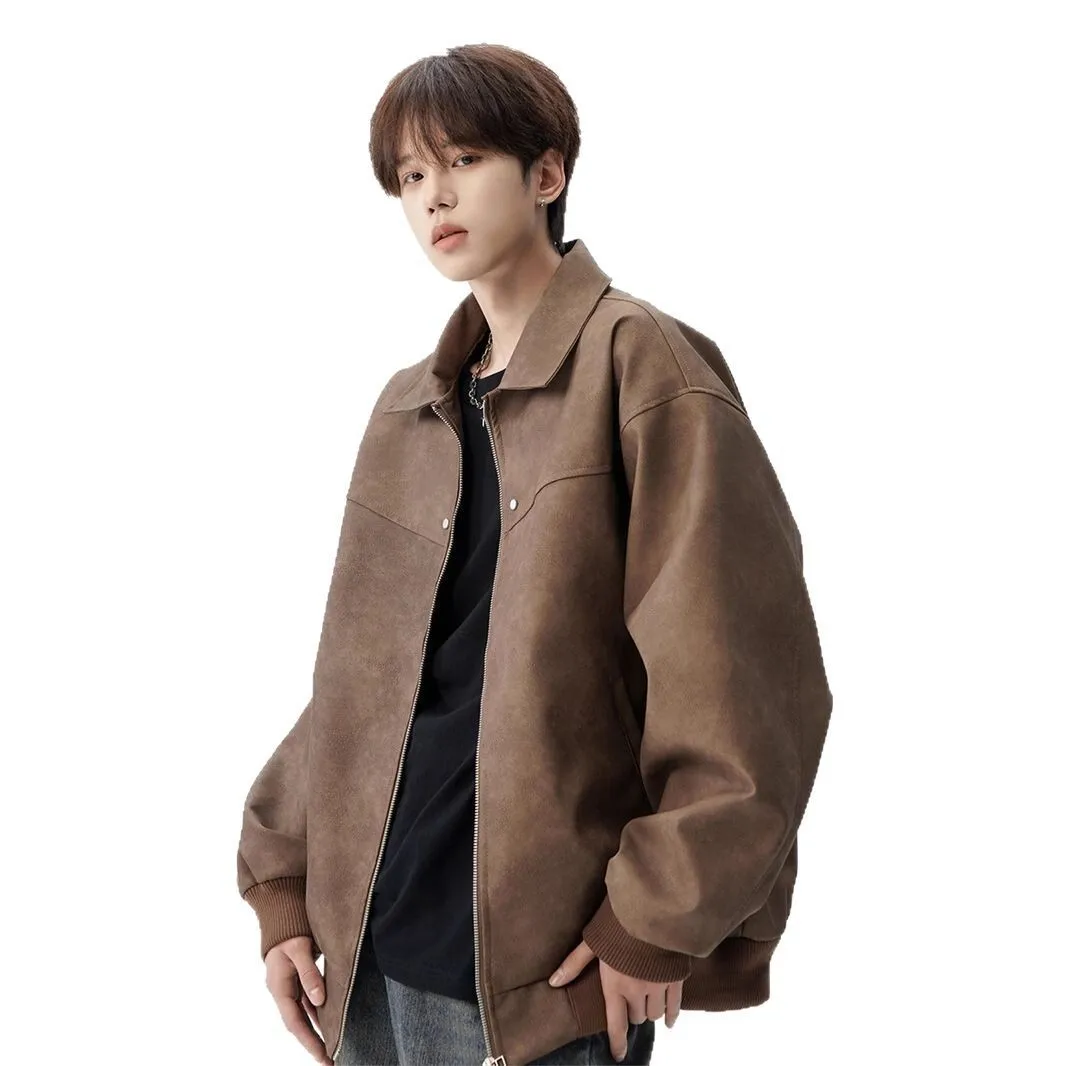 American Style Turn-Down Collar Leather Jacket for Men, New Loose Casual Design for Spring and Autumn, Stylish Couple Workwear