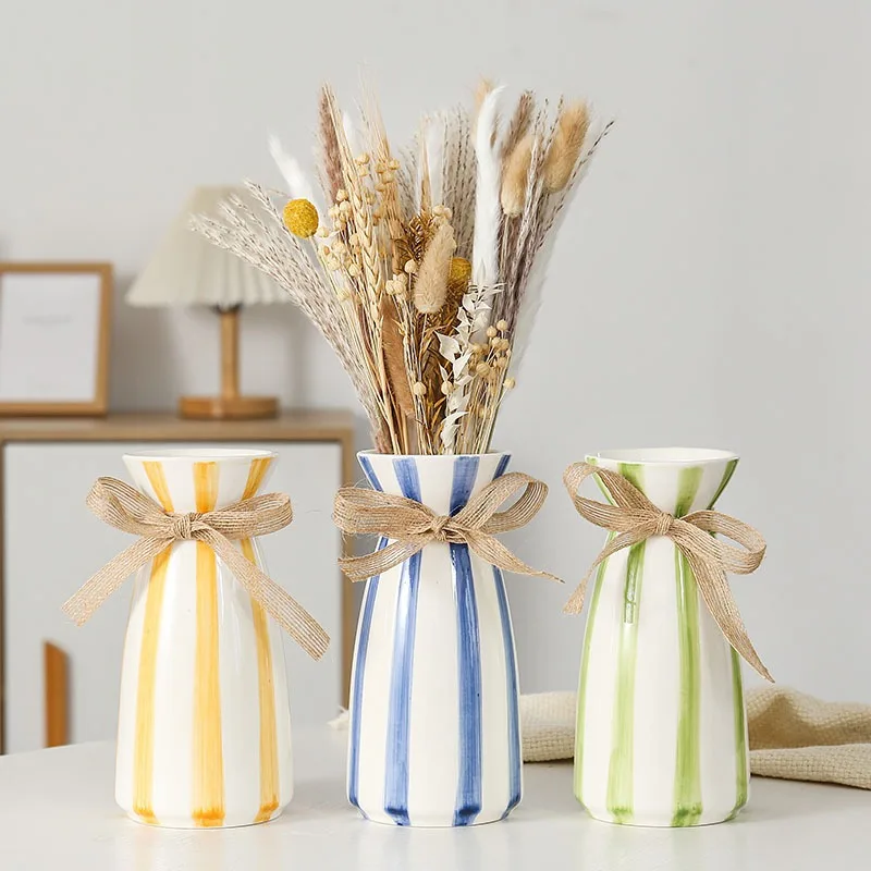 

Modern Simple Blue Striped Ceramic Vase Creative Bow Table Top Dried Flower Bouquet Nordic Vase Decoration Piece Fairy Garden