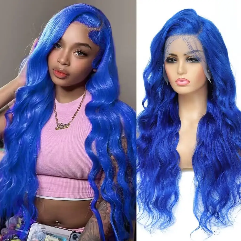 13X4 Body Wave Lace Front Wigs Human Hair Blue Lace Frontal Wig 200% Density Transparent Hair Wigs Colored Red And Purple Wigs