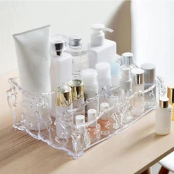 Transparent Flower Plastic Cosmetic Storage Box, Desktop Makeup, Perfume Organizer, Multi Grid, 1Pc