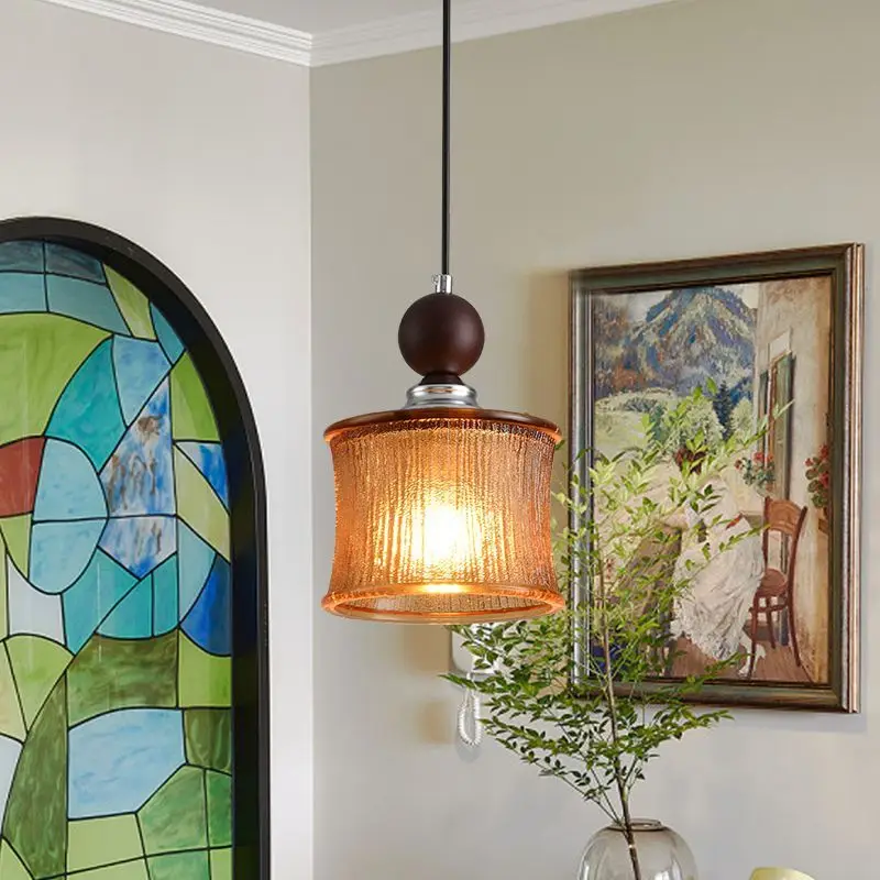 Vintage Japanese Wabi Sabi Style Walnut and Glass Hanging Lamp Minimalist for Dining Bar Bedroom