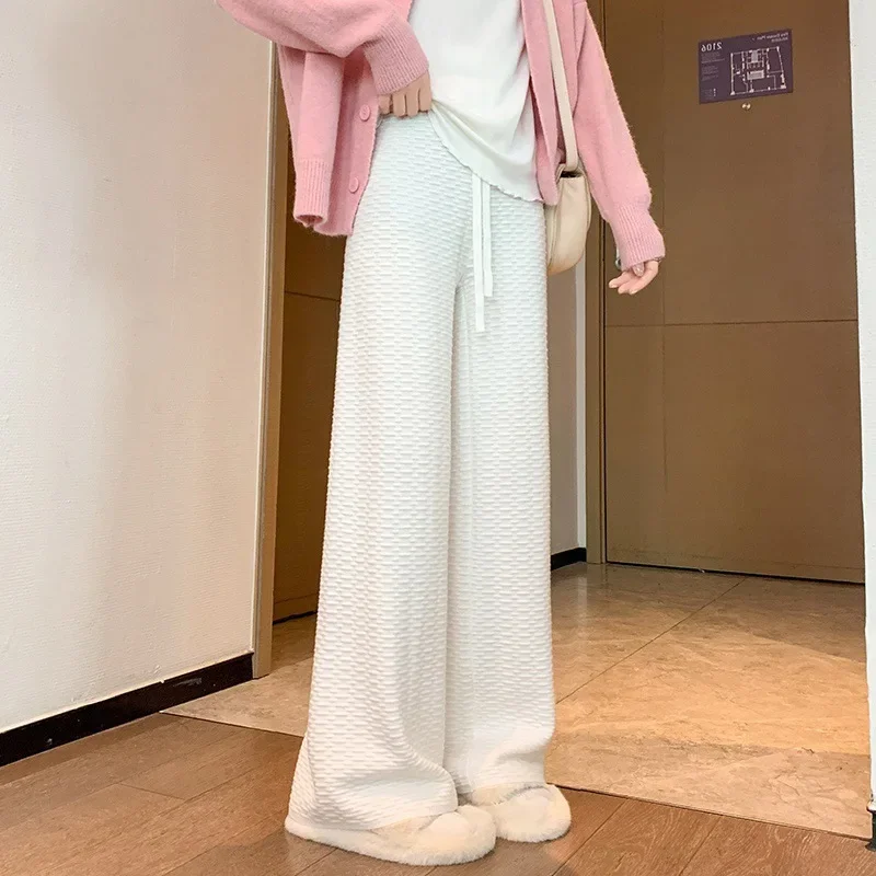 

2024 Bubble Soft Waxy Knitted Wide Leg Pants Women's Casual Straight Pants Fall and Winter New Draping Thin Mop Wool Pants