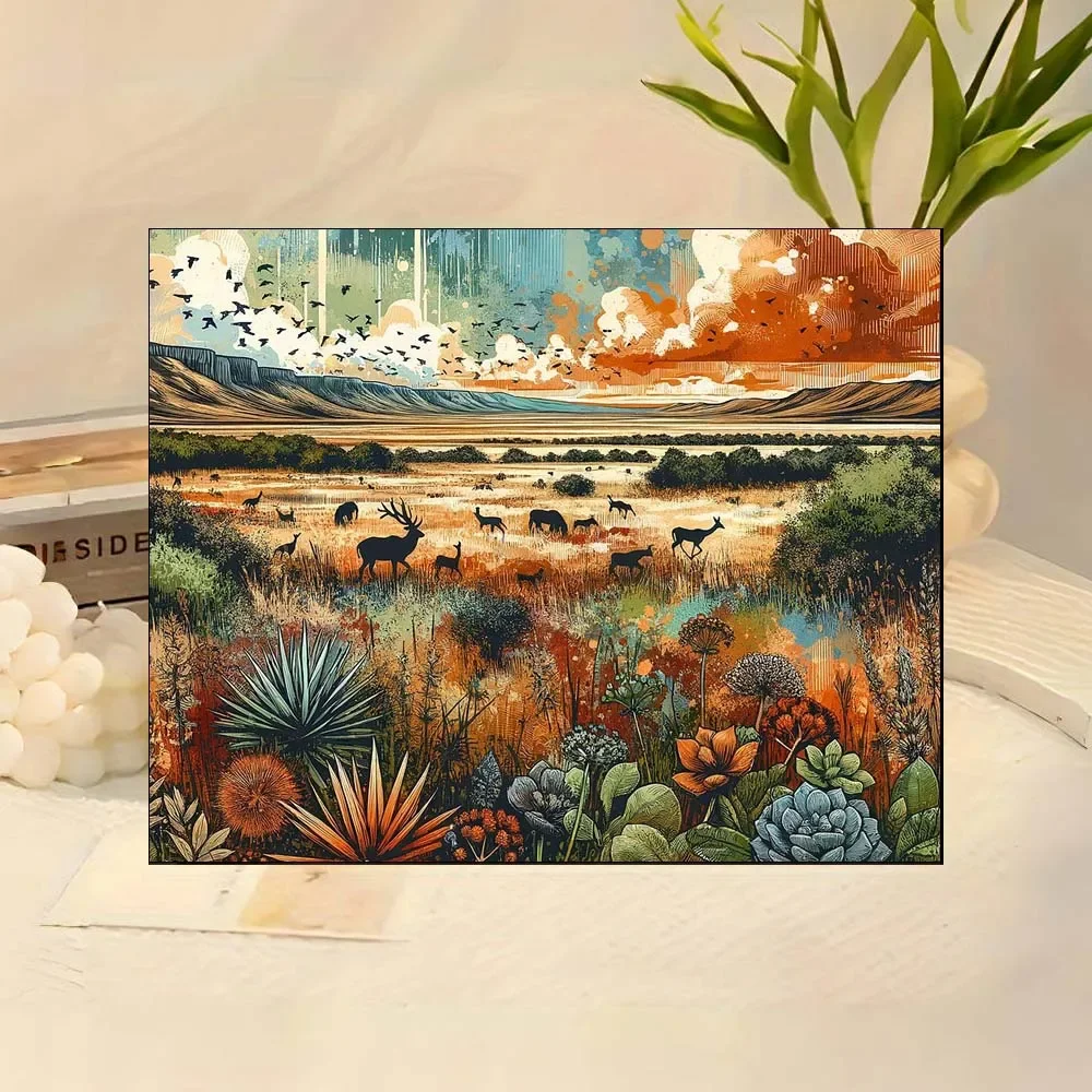 Graphic Savannah With Deer And Colorful Clouds Modern Style Canvas Art Diy Digital Oil Paint Set For Beginner Adult Frameless