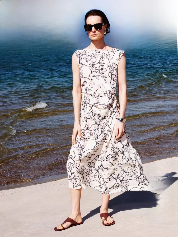 

Новое женское летнее платье Edition с эффектом прохлады, плиссированное, с утягивающей талией, длинное, с принтом, для отпуска (EBD2DRST03)