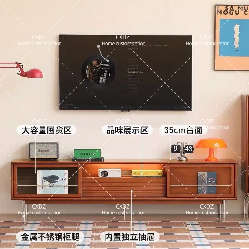 Solid Wood TV Cabinet for Living Room Tall Storage Locker with Sliding Doors Medieval Style Household Media Console Furniture