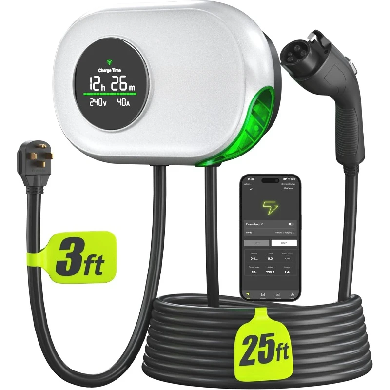 Level 2 EV Charger 40A Smart Electric 240V with NEMA 14-50 Plug J1772 Connector 25FT home.