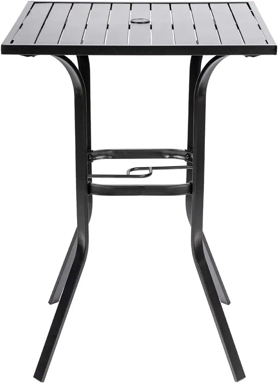Patio Height Bar Table Outdoor Bistro Square High Top Dining Table With Umbrella Hole Steel Slat Table Top For Backyard Porch Poolside Garden Black