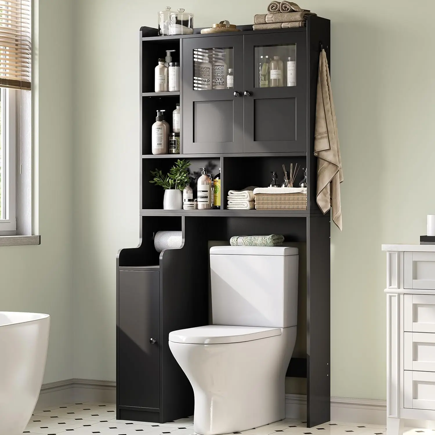 

Over Toilet Storage Cabinet, Over Toilet Bathroom Organizer with Glass Door and Toilet Paper Holder
