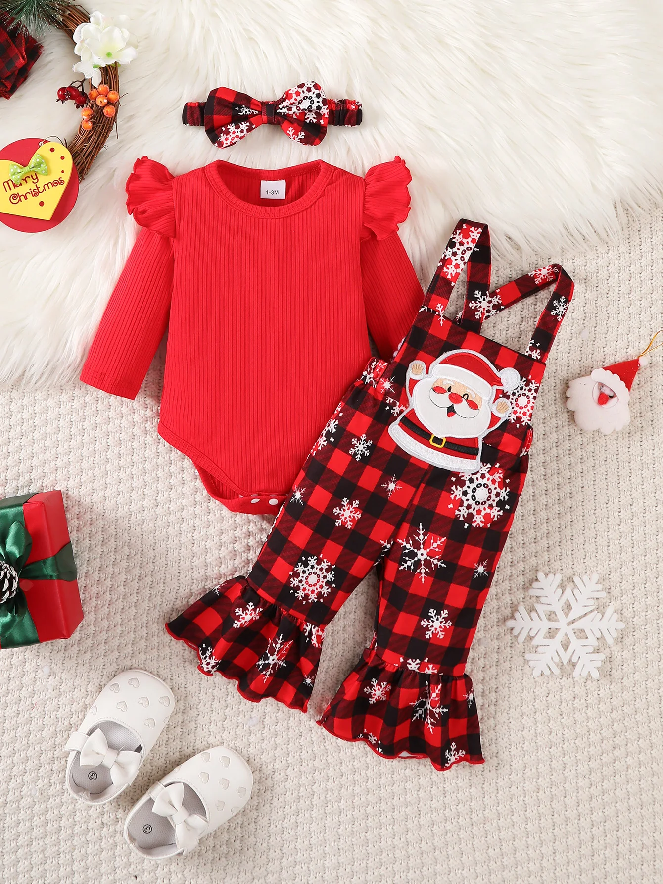 

Winter 0-1 Years Old Infant Baby Girls Christmas Santa Claus Embroidery Pattern And Checkered Print Long S