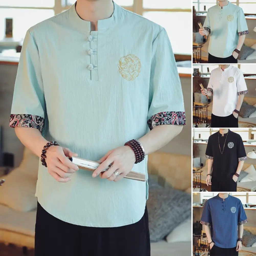 

Men Cotton Top Chinese Vintage Style Stand Collar Men's Shirt with Embroidered Print Loose Half Sleeve Soft Plus Size for Men