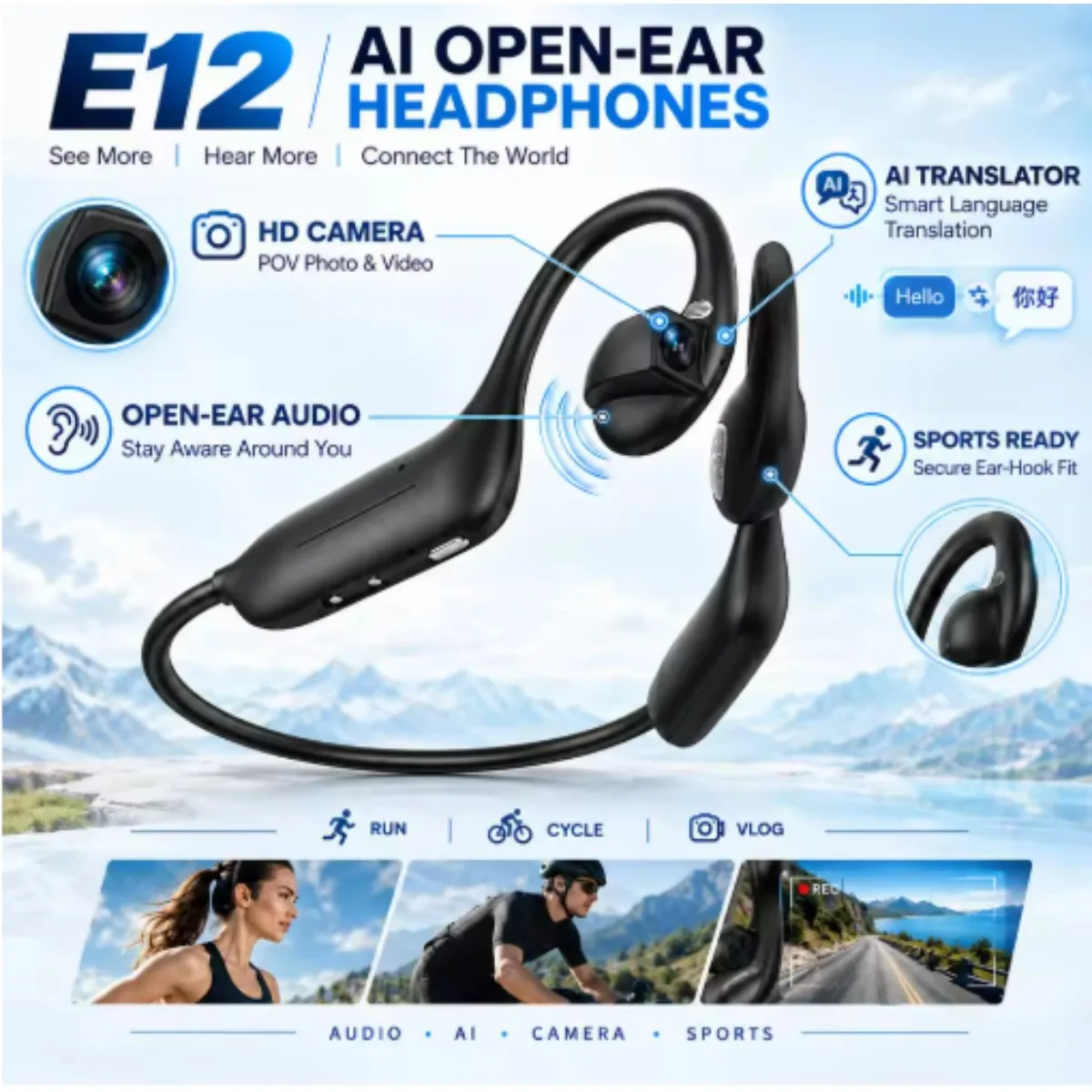 For SONY Open‑Ear AI Camera Wireless Bluetooth Headphones 800W Pixel EIS Stabilization 1080P Video Recognition Translation Sport