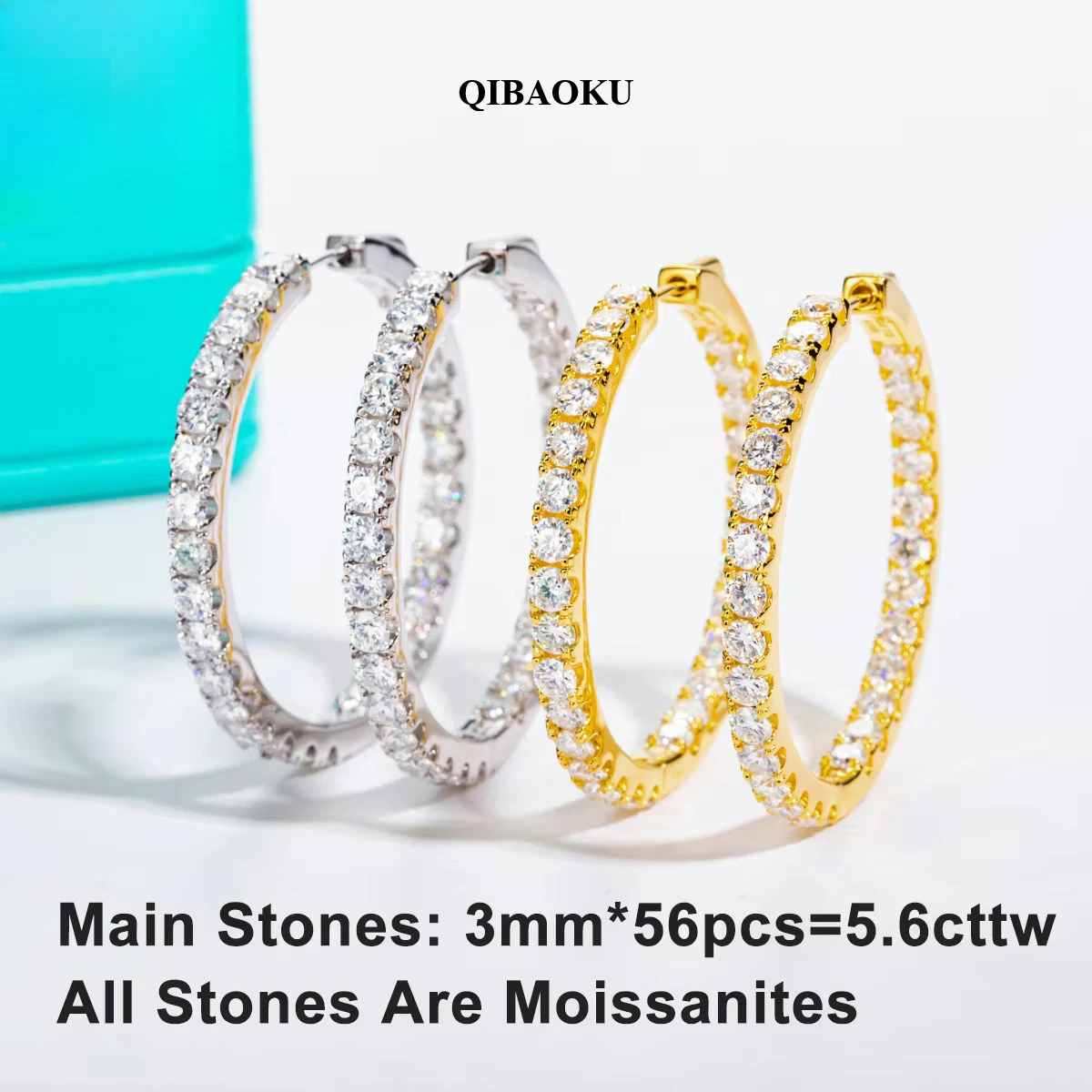 QIBAOKU 3mm 5.6cttw D Color Moissanite Big Earrings S925 Sterling Silver Luxury Huggie Earring For Women Jewelry Wholesale 2026