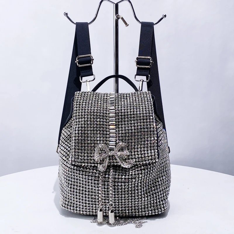 

Shiny Rhinestone Backpack Bags For Women Luxury Designer Handbag Purse 2025 New In Fashion Bow Tassel Flip Cover Small Shoulder