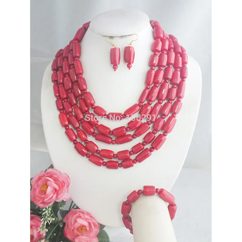 NEW #   Luxury Nigerian African Wedding Bead Set Coral Beads Jewelry Set Necklace Bracelet Earrings