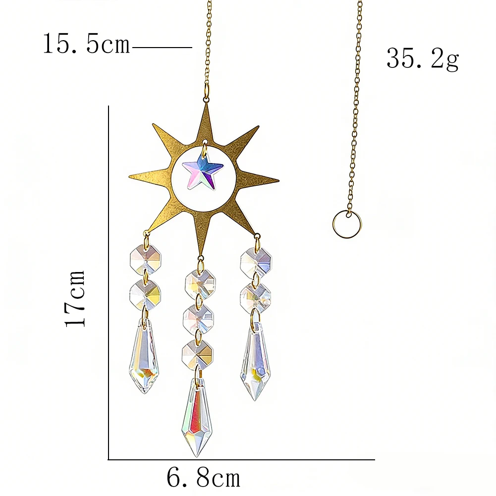 Hanging Suncatcher Brass Sun Star Light Shadow Crystal Wind Chimes Rainbow Maker Icicle Prisms Car Pendant Garden Window Decor