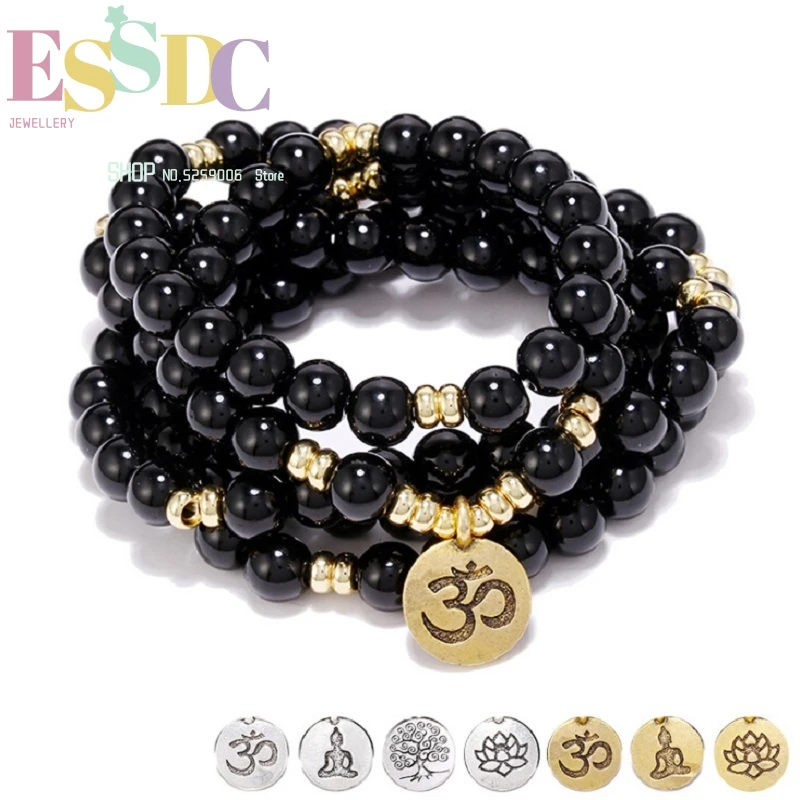 

Hand Made 100% 8mm Natural Black Onyx Energy Stone 108 Mala Beads Necklace or OHM Charm Male or Female Yoga Bracelet