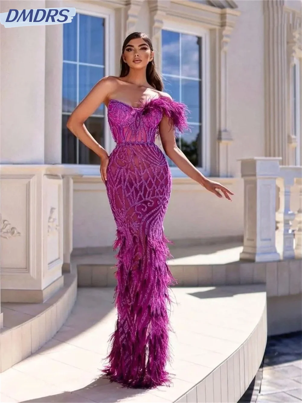 Elegant One Shoulder Sleeve Evening Dress 2024 Se Luxurious Feathered Prom Gowns Simple Floor-Length Dress Vestido de novia