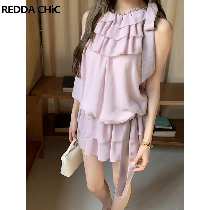 

REDDACHiC Pink Ruffled Top Skirt Women Matching Set Halter Tie Up Flounce Sleeveless Vest Mini Cake Skirt Party Summer Clothes