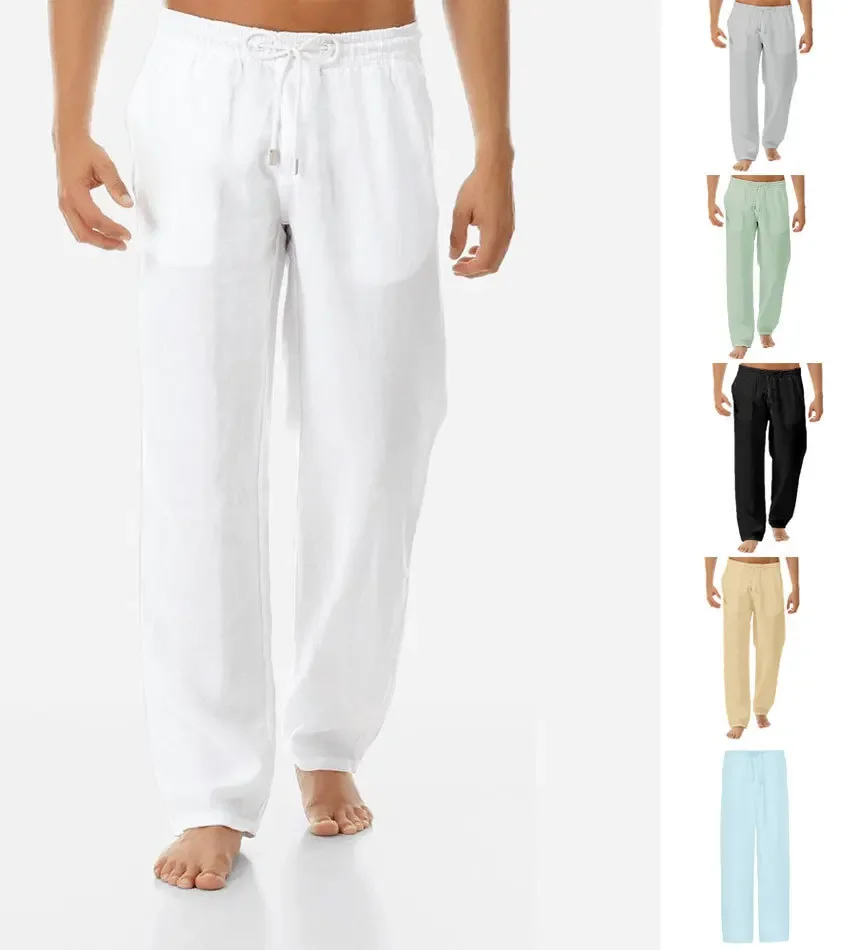

Men's Cotton Linen Pants Loose Spring Casual Pants Male Breathable Solid Color Full Length Drawstring Jogger Yoga Linen Trousers