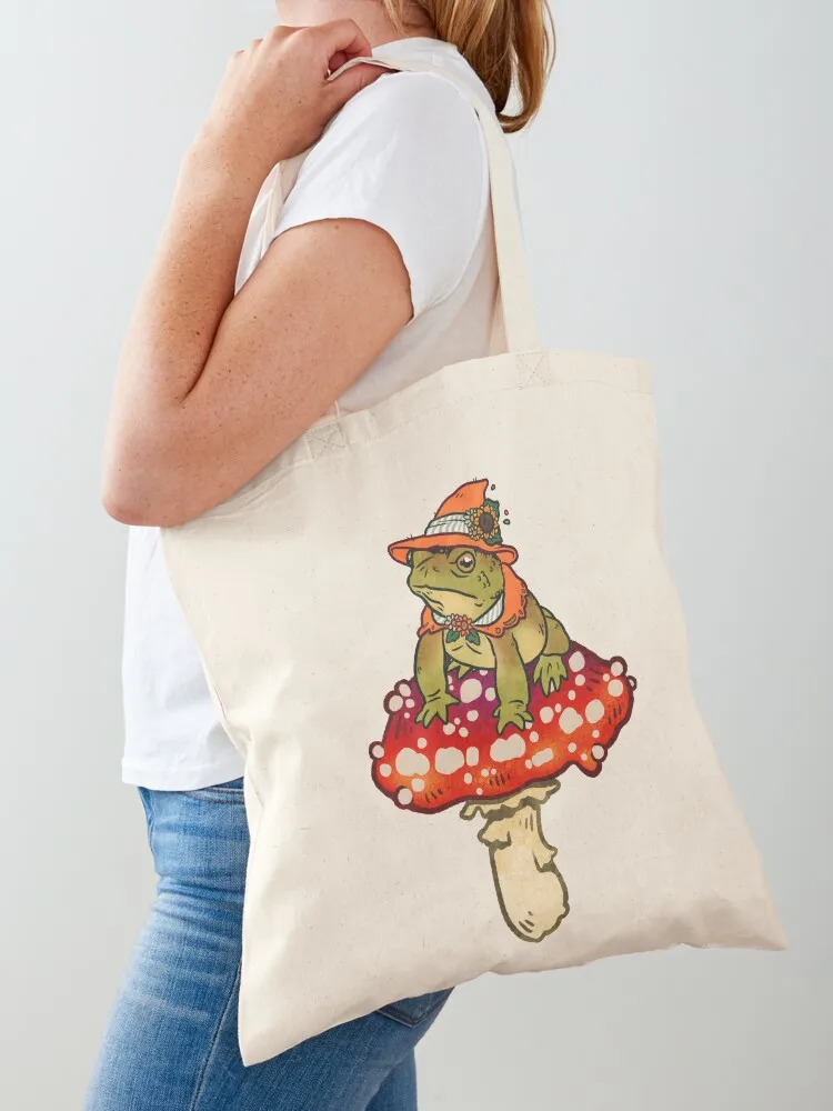 

Magical Toad Witch on Red Spotted Mushroom Tote Bag eco bag folding bags luxury women shopper bags for women Canvas bag