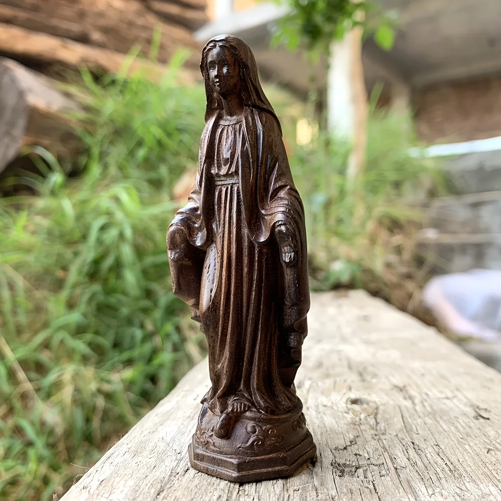 3.85 Inch Hand-Carved Wooden Virgin Mary Statue Ornament, Artistic Style, Suitable for Home Decoration, Bedroom, Men's Gift, Back-To-School Gift, Office Decoration, Centerpiece Decoration, Living Room, Statue Ornament