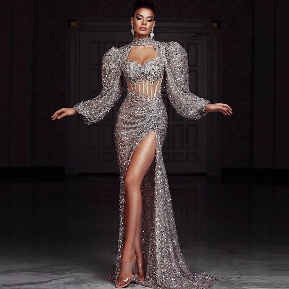 

Glitter Evening Dresses 2023 Luxury O-Neck Puff Sleeves Mermaid Celebrity Gowns Side Sequin Illusion Sexy Prom Party Dress