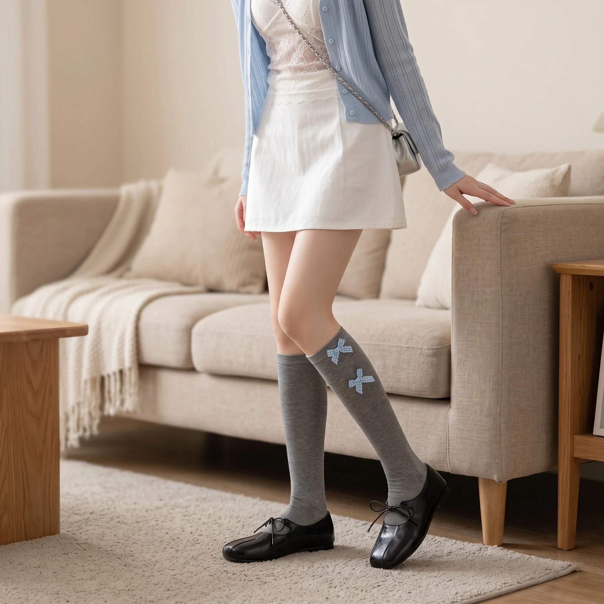 Moon Girl, Sweet Ballet‑Style Bow Cotton Mid‑Calf Slouch Socks for Women, Korean‑Style Cute Ballet‑Core Socks, Soft Fashion Leg Accessory, Perfect for Daily Wear & Lovely Girl‑Style Dress Matching Outfits.