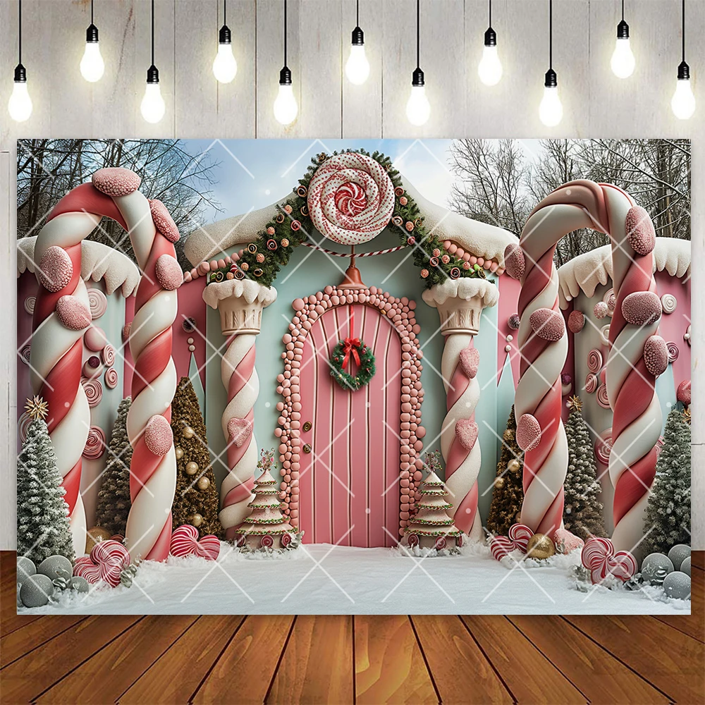 Christmas Pink Candy Cane Arch Door Backdrop Kid Birthday Xmas Wreath Snowy Wonderland Winter Custom Photography Background