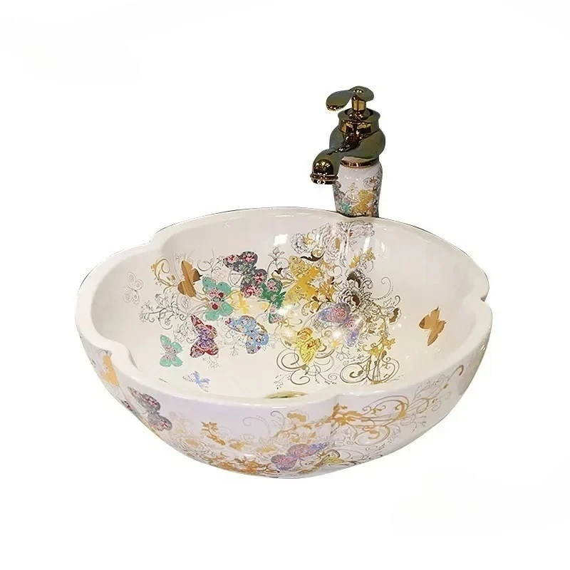 Bathroom Sink Home Bathroom Fixture Garden Petal-shaped Washbasin Above-ground Flower&butterfly Pattern Basin Art Sinks