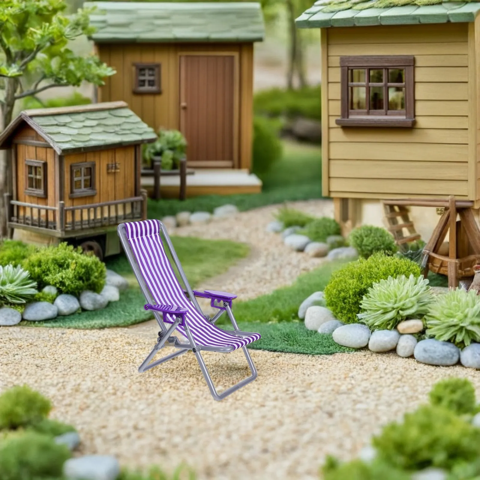 Mini Sunbath Beach Chair for Dollhouse & Fairy Garden – Foldable Miniature Lounge Chair with Striped Design