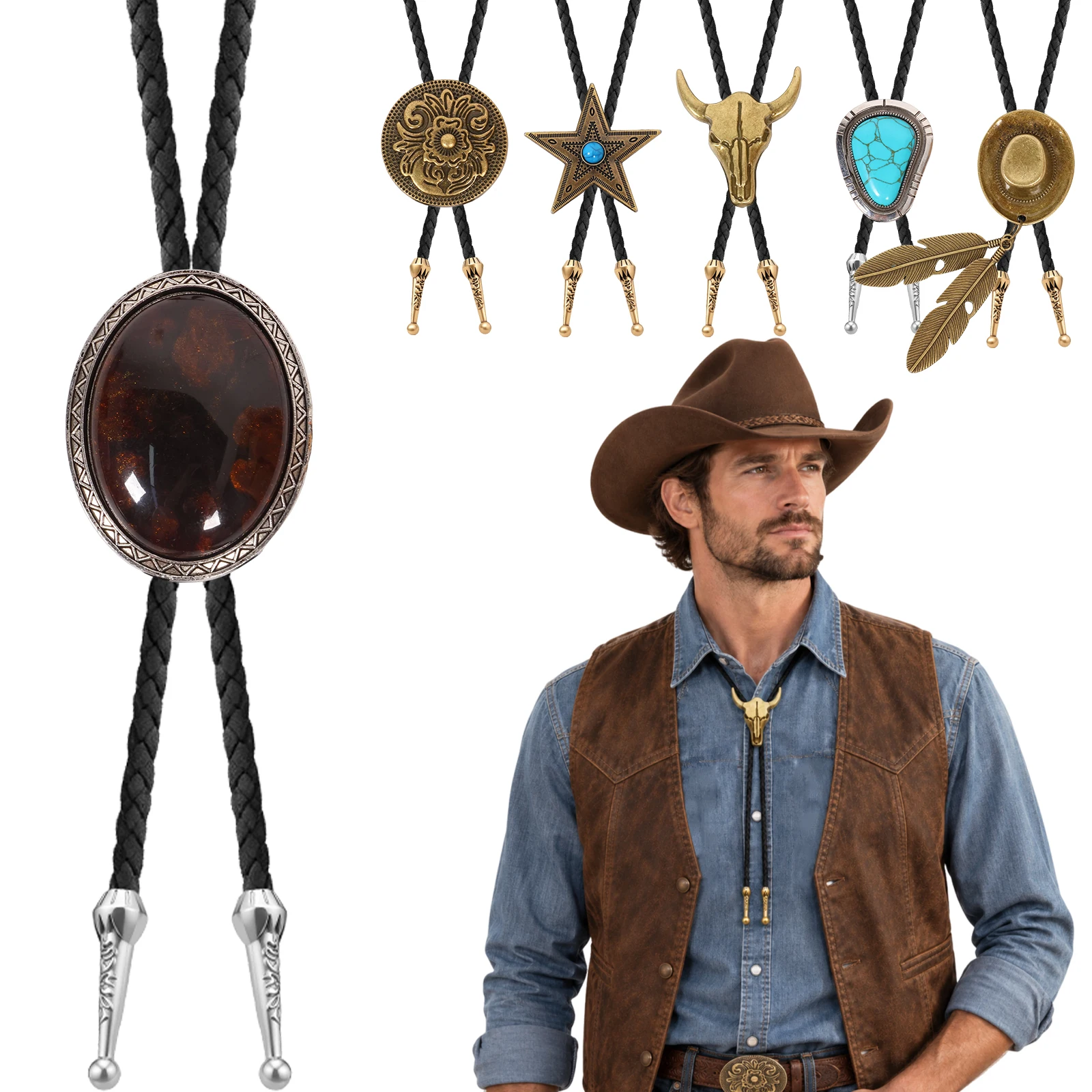 4/6Pcs Western Bolo Tie Set with Adjustable Braided Cord Vintage Artistic Bolo Tie Unisex Cowboy Garment Accessories Ties Kits
