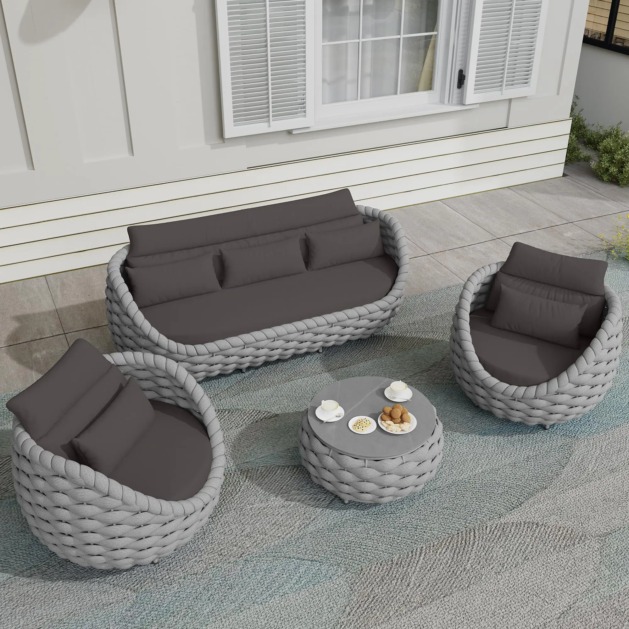 

Patio Furniture Set All Weather PE Rattan Outdoor Wicker Conversation Set Garden Porch Balcony 2 Seat Bistro Chair