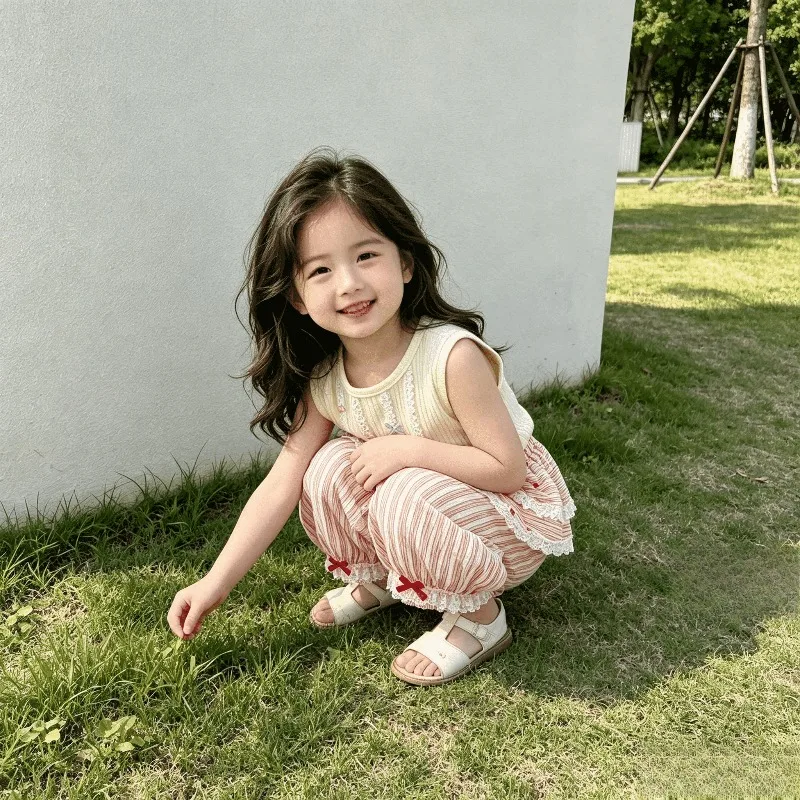 2026 Girls Summer Exquisite P Curtain Pants Childrens Western Style Micro Elastic Butterfly Wrinkle Outdoor Quick Drying Pants