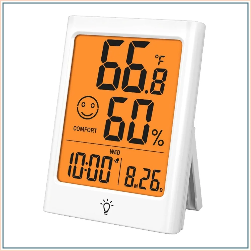 Digital Indoor Thermometer Hygrometer with Backlight, Comfort Indicator, Max/Min Record, Calendar, Alarm, °C/°F Switch for Bedroom