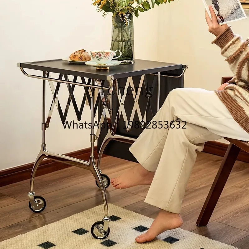 YY Stainless Steel Small Cart Accordion Folding Table Multi-Functional Dining Cart Mobile Storage Rack