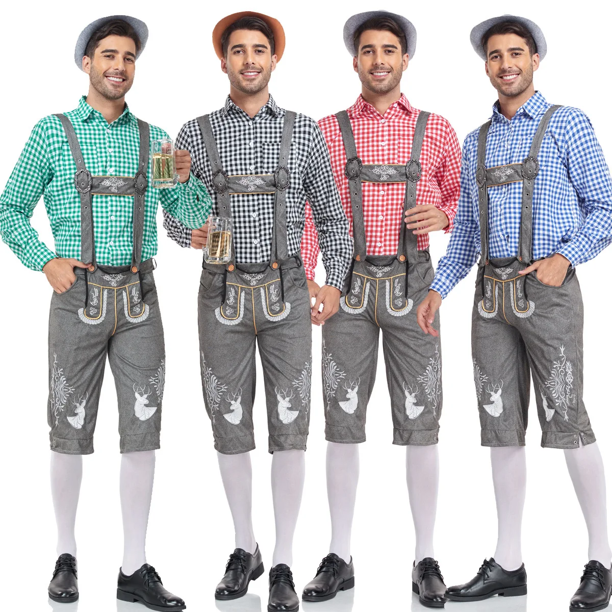 Robe de bière traditionnelle allemande Oktoberfest pour homme, chemise à carreaux, bretelles trempées