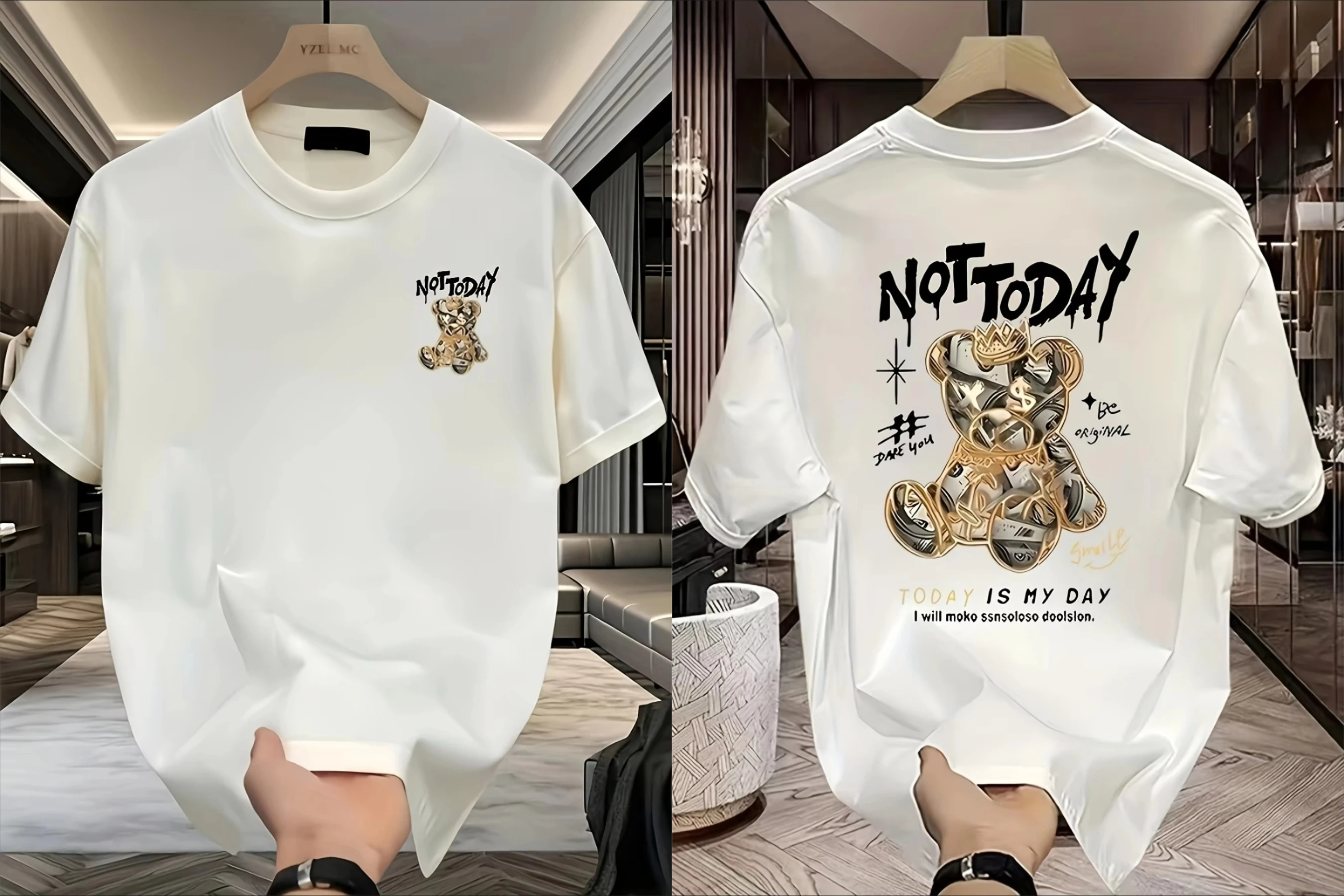 

Men's Summer 100% Pure Cotton Fashionable Casual Sports Loose Cartoon Bear Pattern Printed Round Neck Short Sleeved T-shirt Top