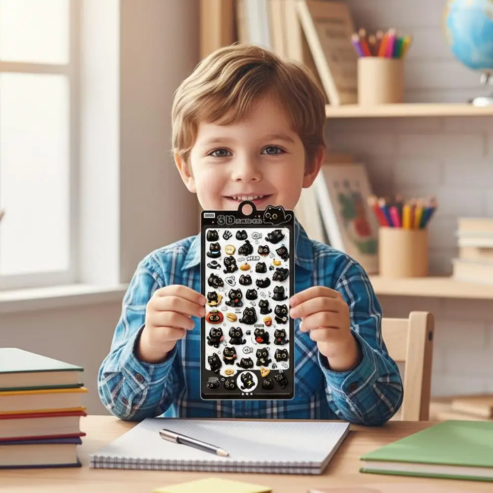 4 stks/set Cartoon Leuke Zwarte Kat Sticker Esthetische Holle Sticker DIY Telefoon Case Dagboek Briefpapier Sticker Briefpapier Gift