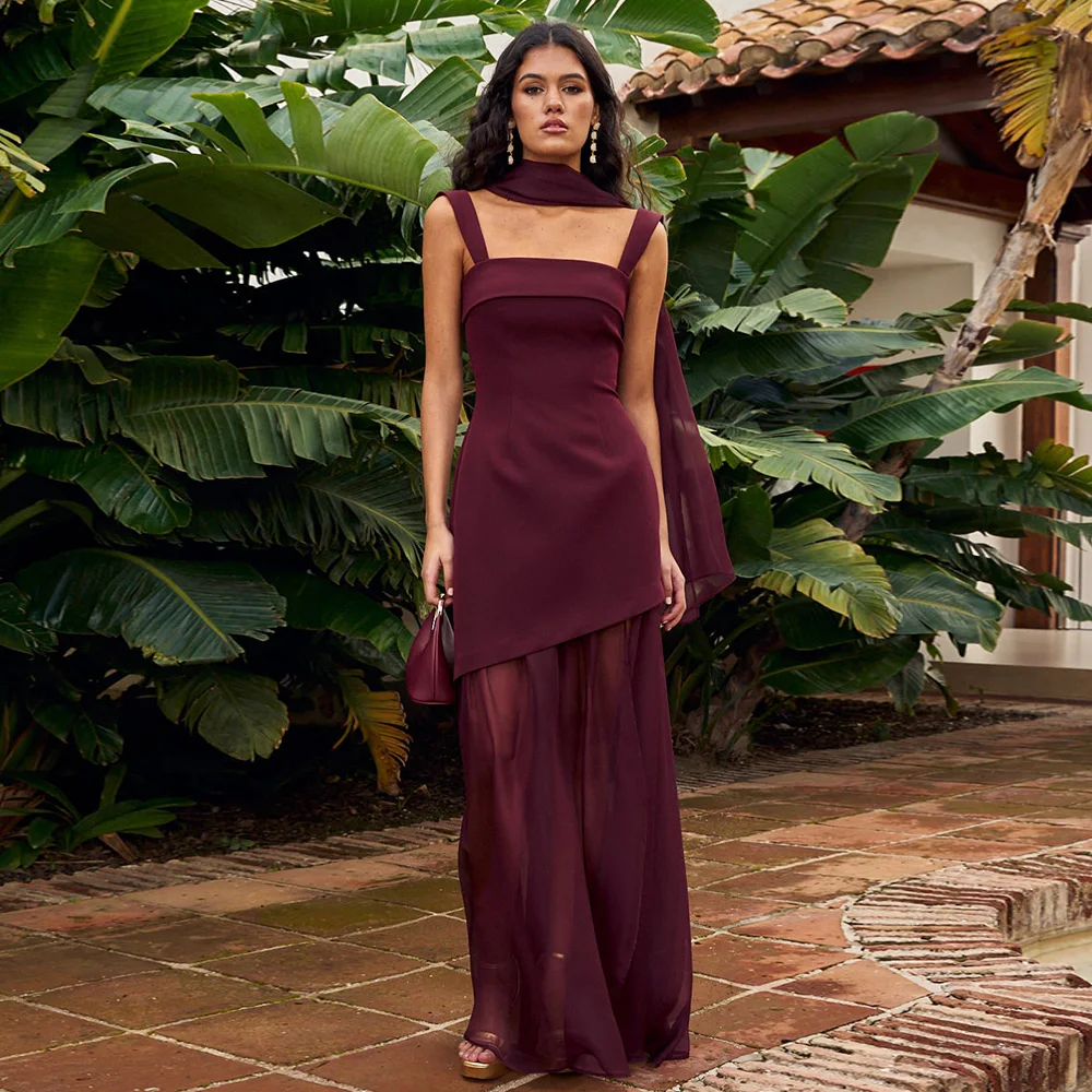 

Modern Evening Dresses Burgundy Square Collar Sleeveless Tank Evening Gown with Shawl Side Split Wedding Party Gowns for Women