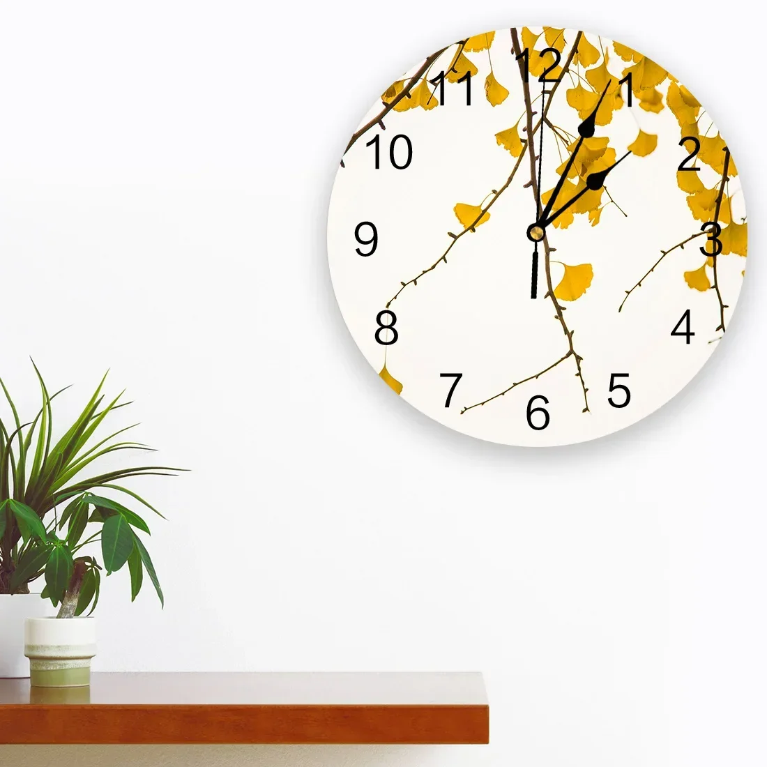 Ginkgo Leaf Autumn Scenery Sight Kitchen Round Wall Clocks Desktop Digital Clock Non-ticking Creative Childrens Room Wall Watch