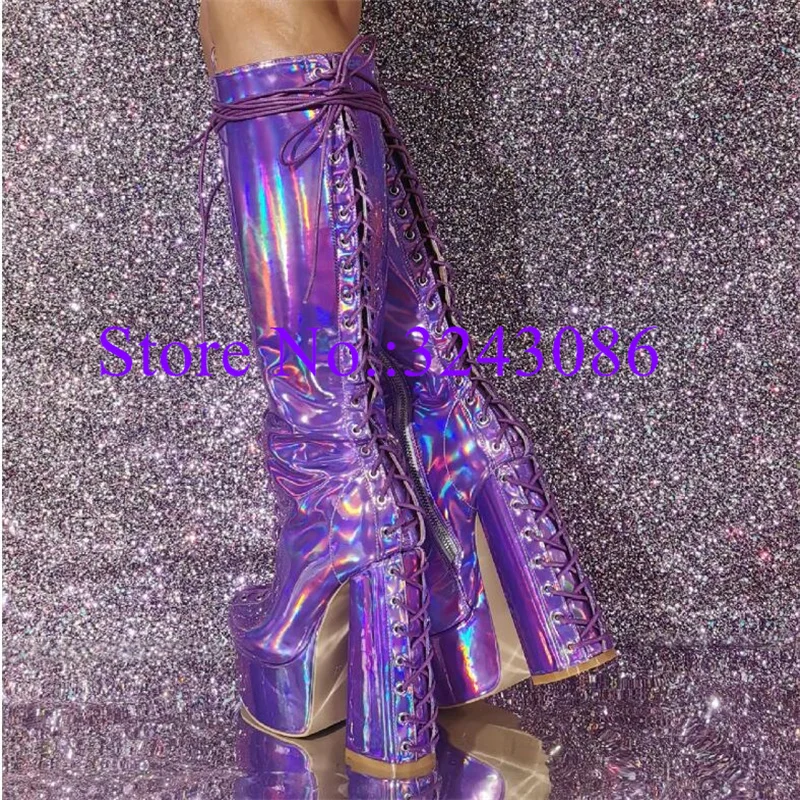 New Shinning Purple Chunky Heel Long Boots Lady Fashion Lace-up Platform Knee High Boots Woman Sexy Large Size Party Shoes