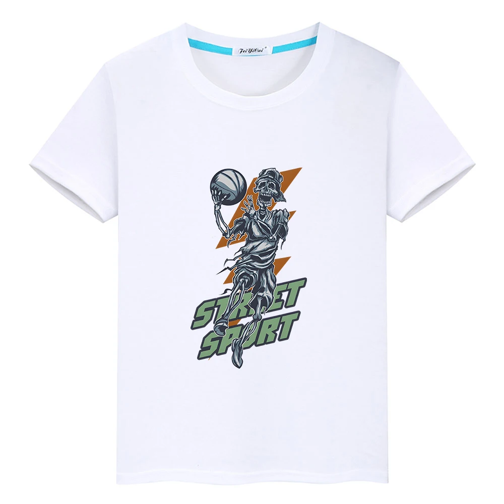 Skeleton Basketball Graphic Printing Tee-shirt Boys and Girls Cartoon Summer T-shirt 100% Cotton Short Sleeve Soft Tshirt O-neck