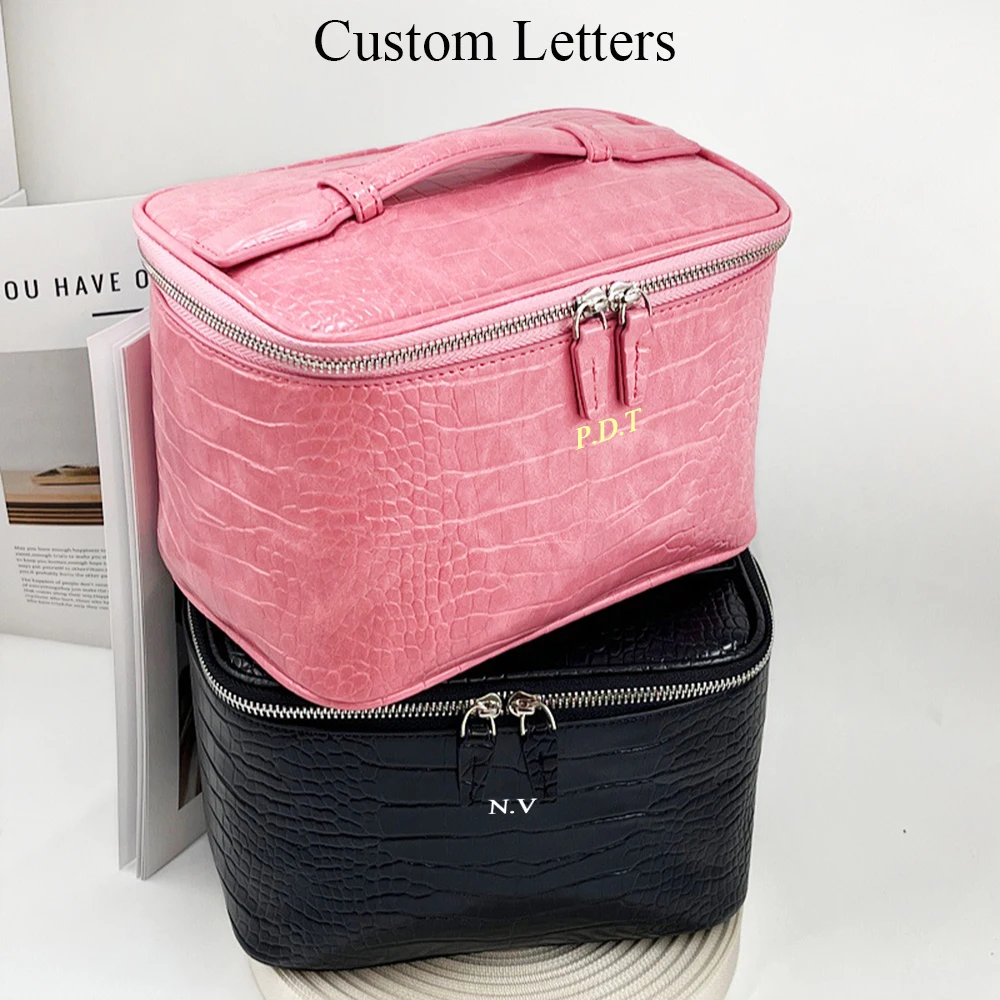 Popular Crocodile PU Leather Makeup Bag Custom Name Large Capacity Vanity Cosmetic Case With Top Handle Women Travel Pouch