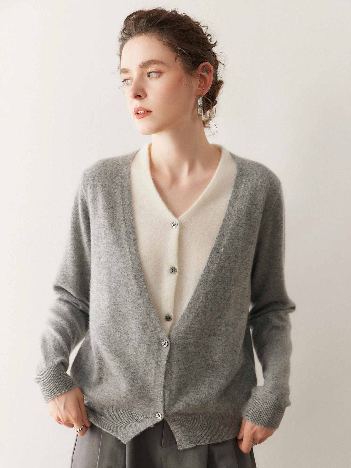 TLOML Women's 100% Cashmere Sweater V-neck False Two-piece Color blocking Pullover Cashmere Knitwear Autumn Winter Soft Chic Top