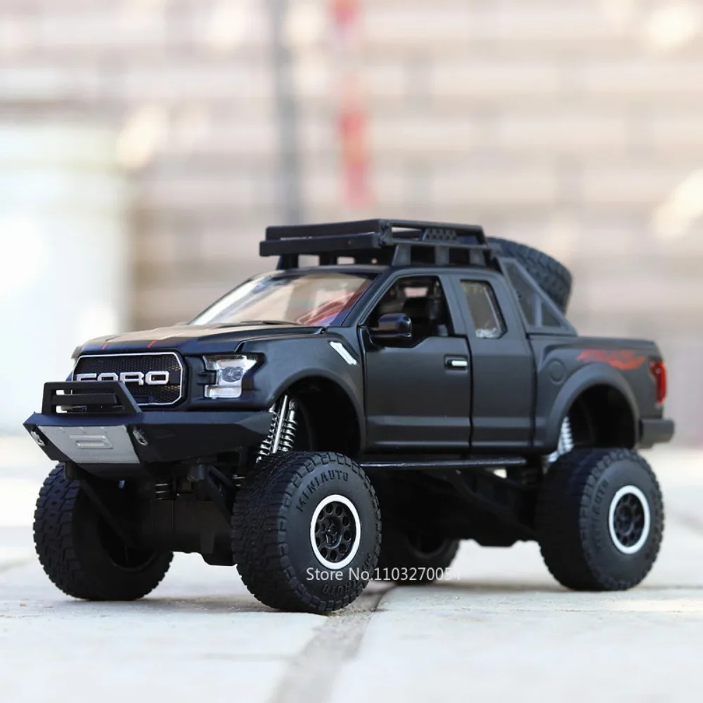 Scale 1/32 Ford Raptor F150 Cars Model Toys Diecast Alloy Pickup Metal Body Rubber Tires Sound Light Vehicles Toy Gifts for Kids