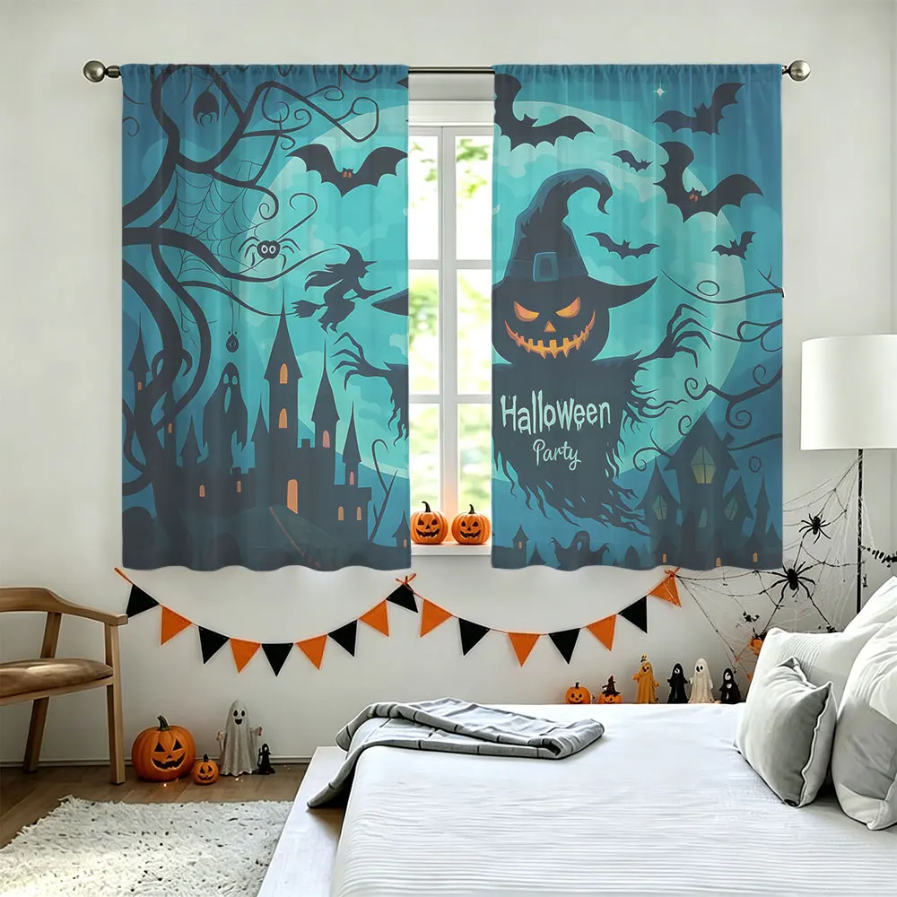 2Pcs Halloween Haunted House Witch Pumpkin Bat Rod Pocket Curtains Double Sided Window Drapes Privacy Curtain Panels for Bedr