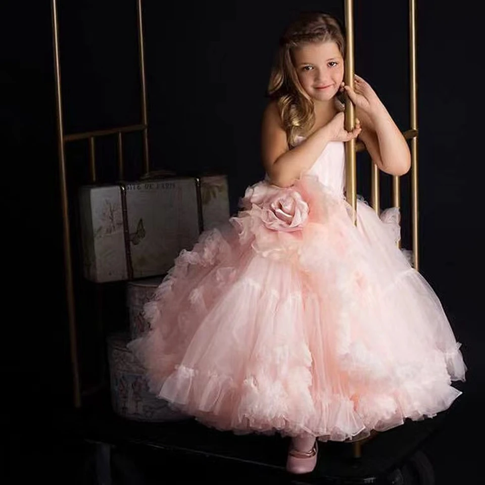 

Lovely Pink Ball Gown Sleeveless Flower Girl Dresses For Wedding 2023 Tulle Ruffle Princess Birthday Party First Communion Forma